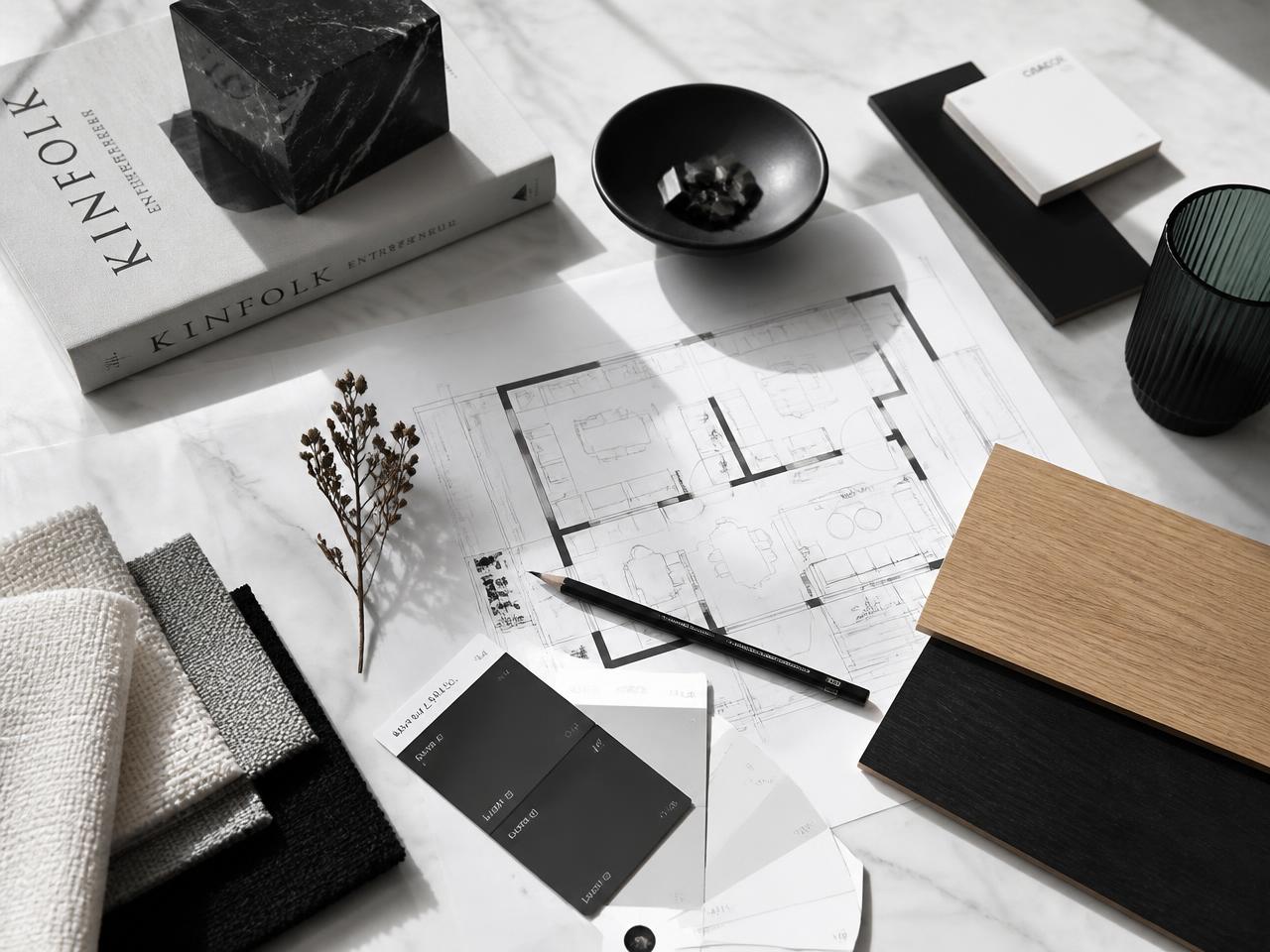 Interior designer's studio desk with greyscale fabric swatches, oak samples and a floor plan drawing