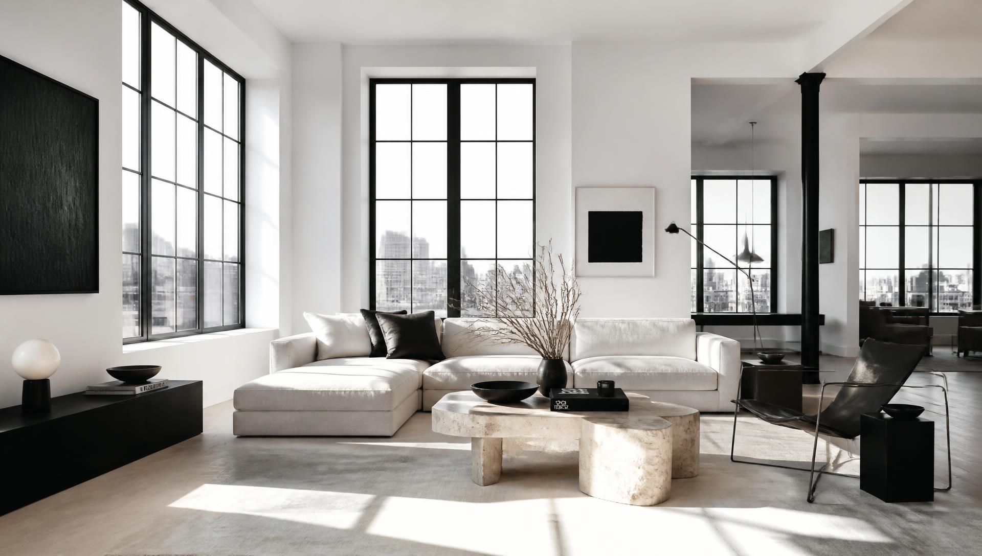 Bright minimal Brooklyn loft living room with black steel factory windows, white sofa and pale oak floors designed by Brooklyn Interior Design