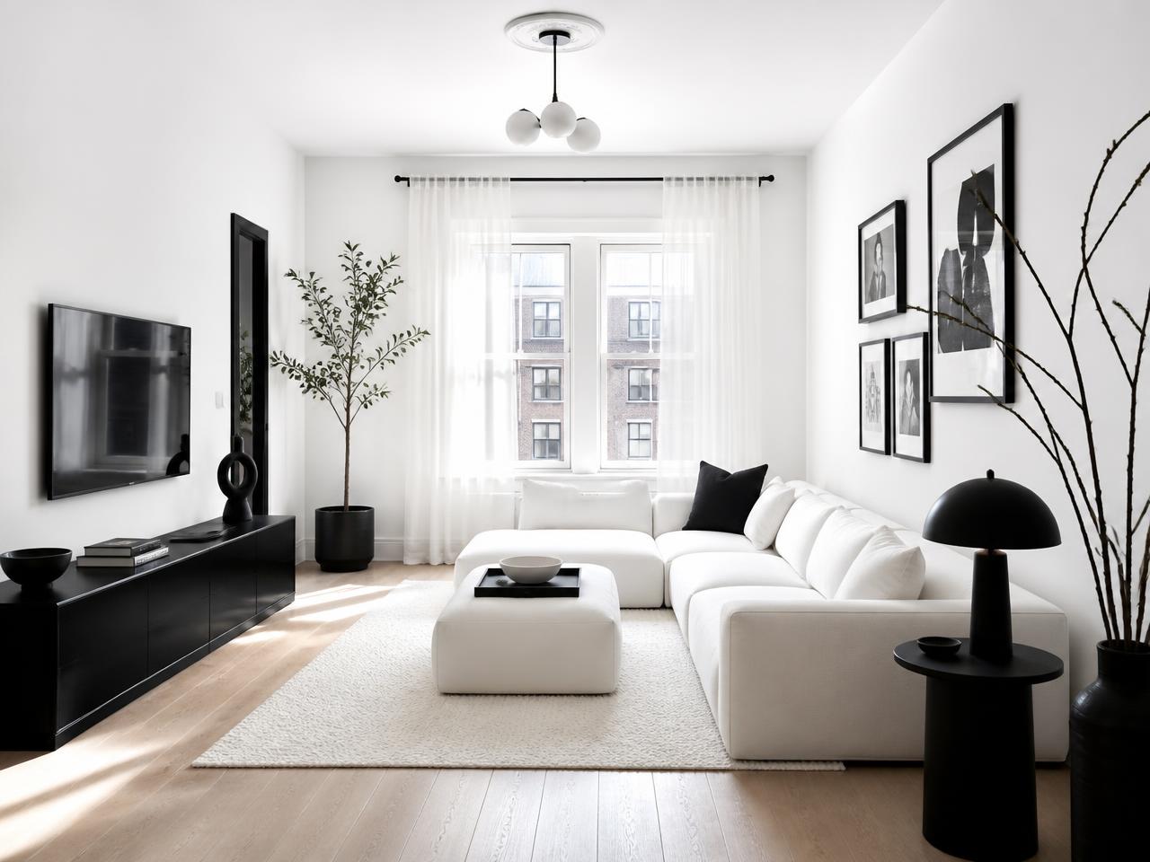 Bedford-Stuyvesant Brooklyn living room after interior design with charcoal sofas, oak floors and brass floor lamp