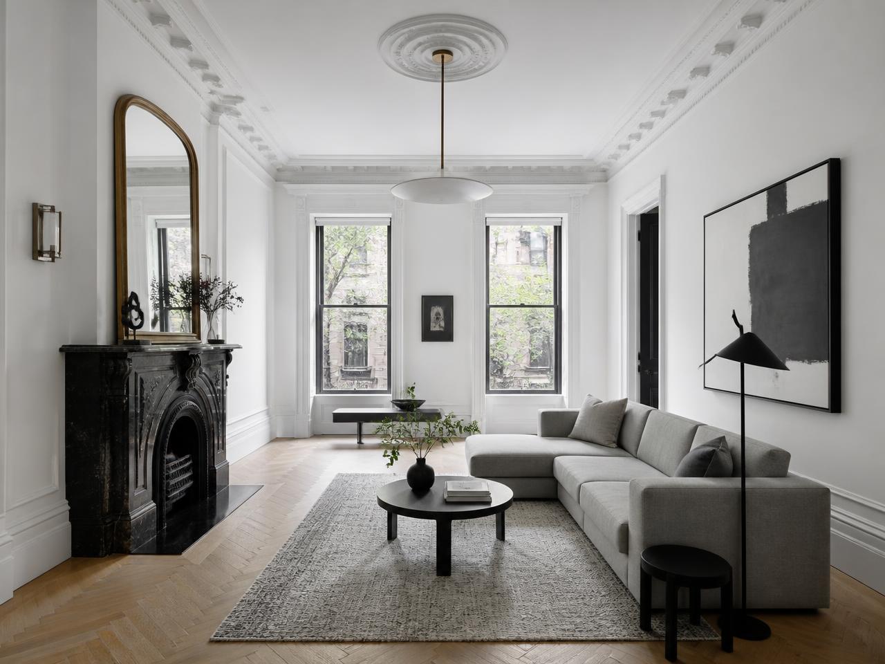 Restored Park Slope brownstone parlor with marble fireplace, velvet armchairs and taupe walls designed by a Brooklyn interior designer