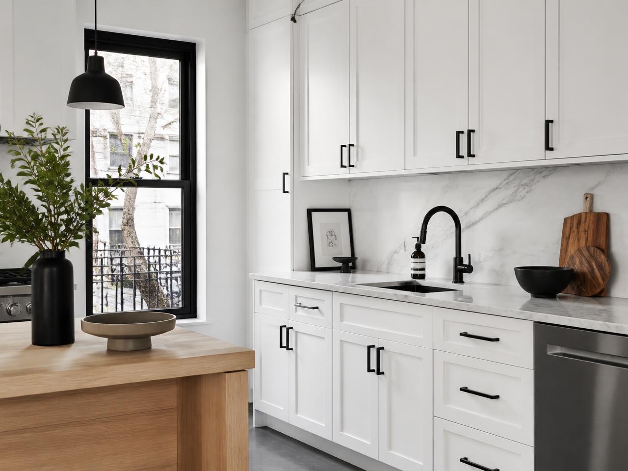 Brooklyn Heights kitchen interior design with taupe cabinetry, marble counters, black fixtures and exposed brick