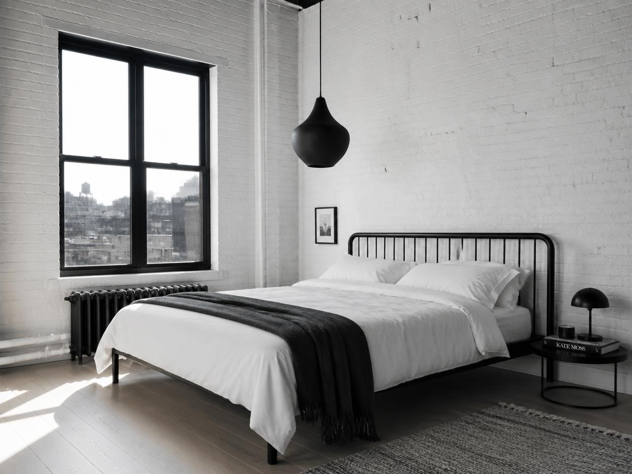 Williamsburg Brooklyn loft bedroom with exposed brick wall, black window frames, oak nightstands and white linen bedding